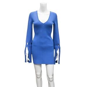 ALEXIS Venesa Knit Mini Dress Sz Small Sy Blue Crochet Split Flare Sleeve V Neck